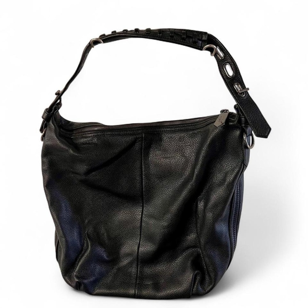 Reed Luxury Black leather shoulder tote hand bag with silver hardware